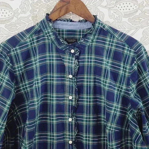 Talbots Plaid Button Up Mock Ruffle Long Sleeve Blouse Women's 22WP - Picture 3 of 8